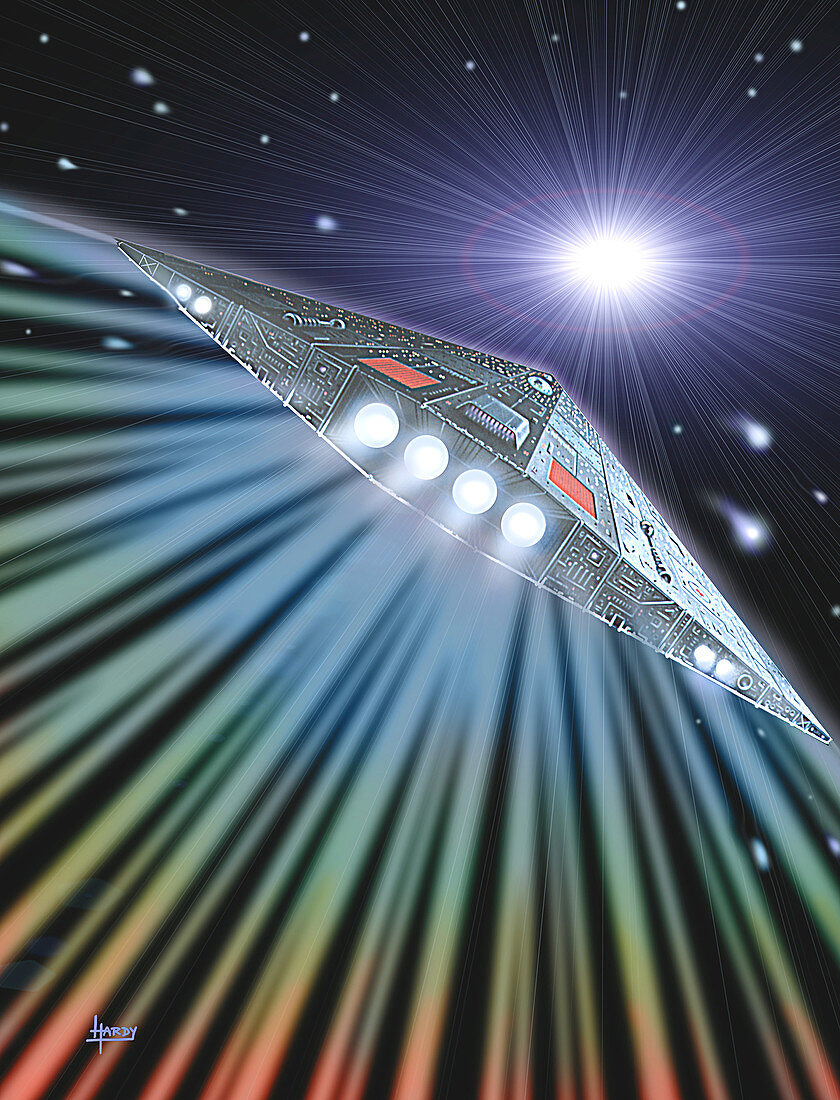 Artwork of a spaceship travelling near light speed
