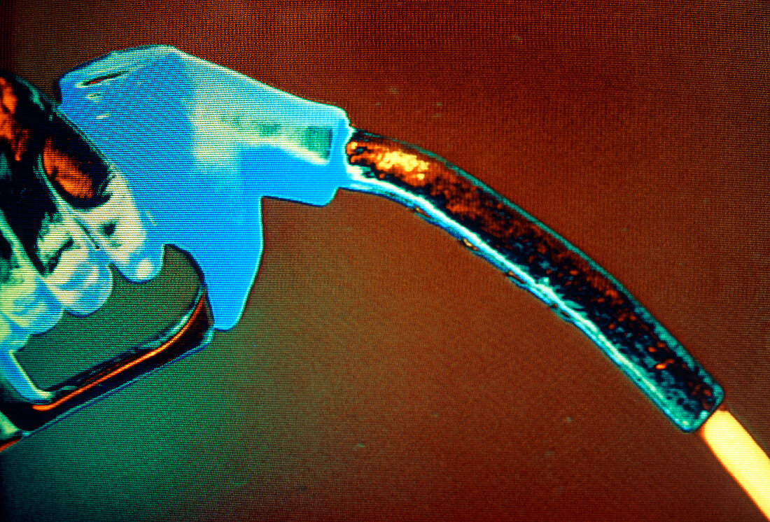 False-colour image of the nozzle of a petrol pump