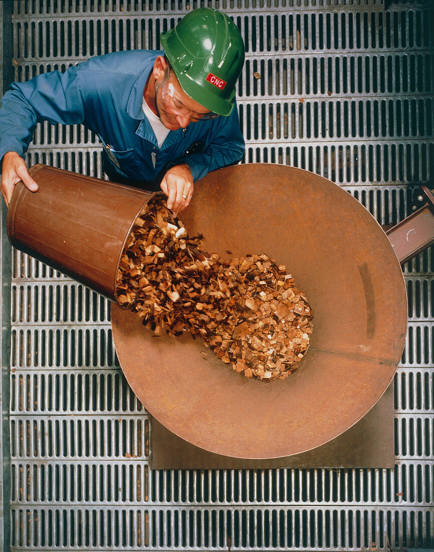 Woodchips being fed into a reactor to make methane