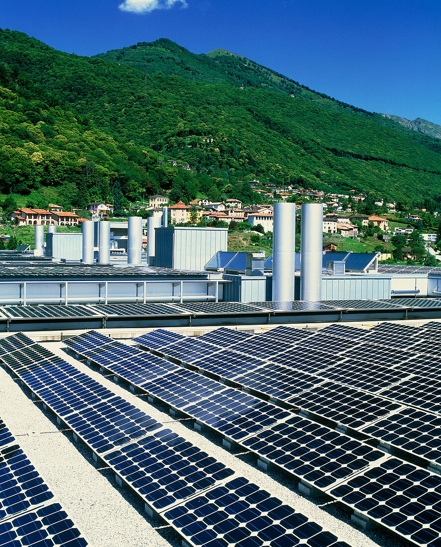 Solar cells on the roof of a Swiss building