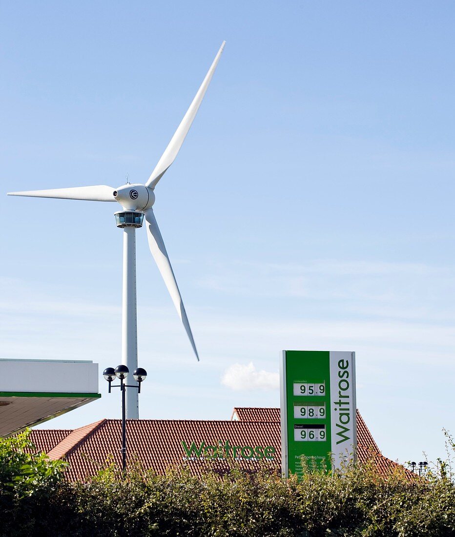 Wind turbine beside a petrol station