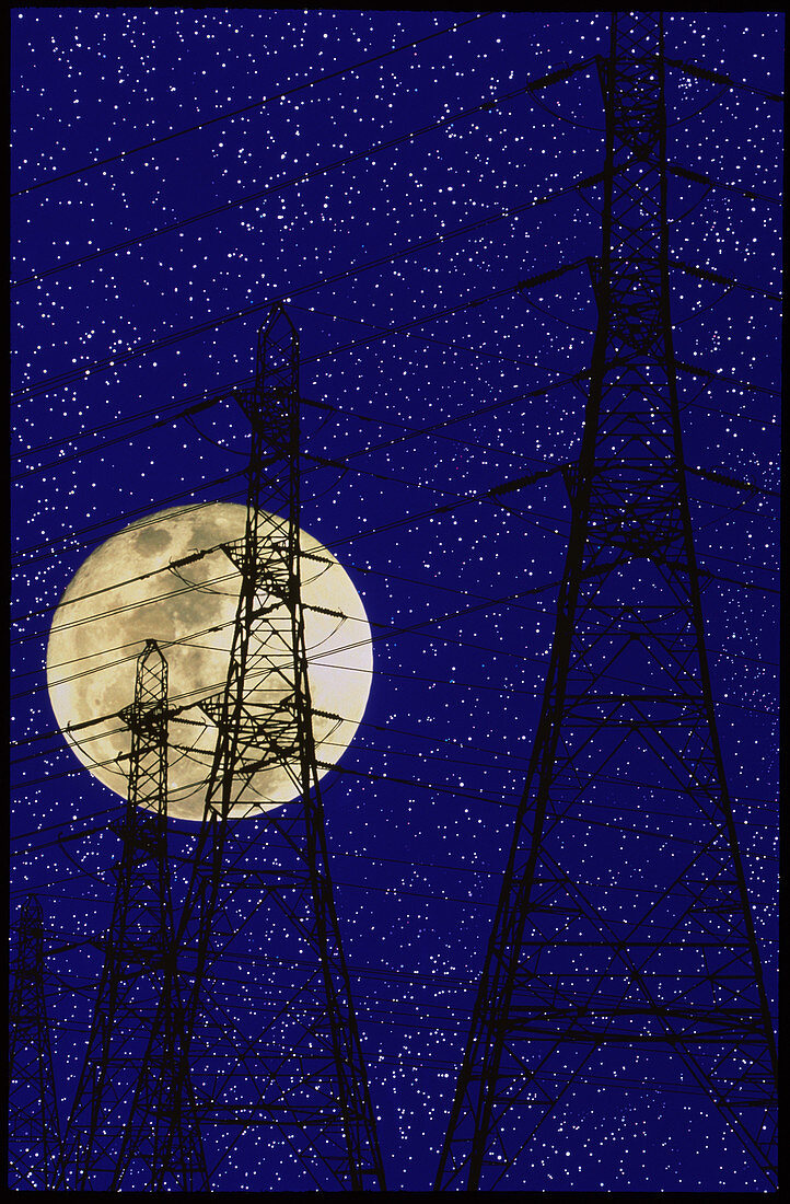 Computer image of a full moon and pylons