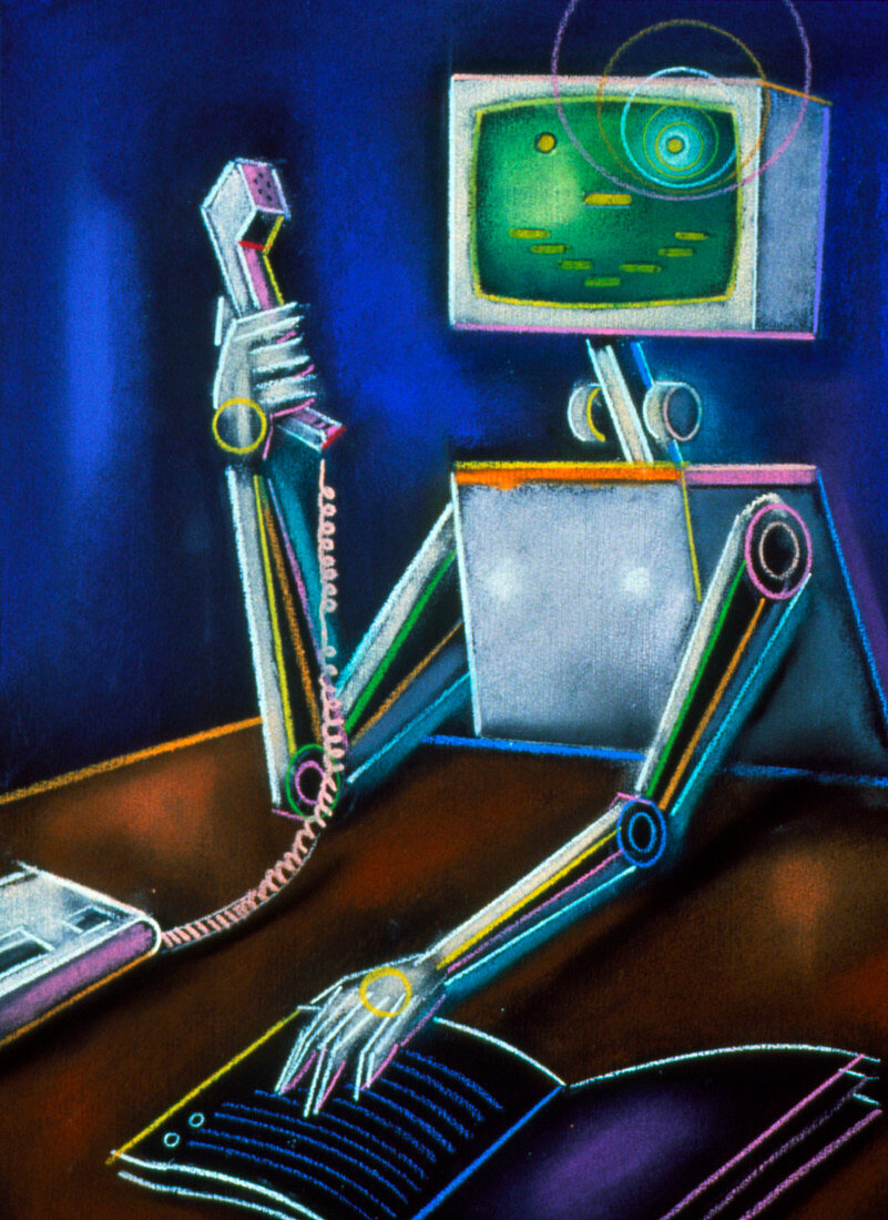 Abstract artwork of a robot using a telephone