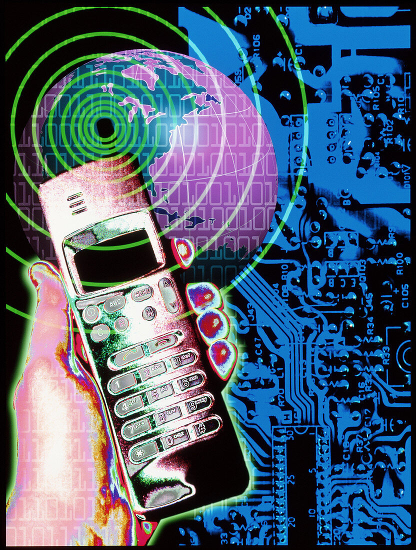 Artwork of mobile telephone,globe & circuit board