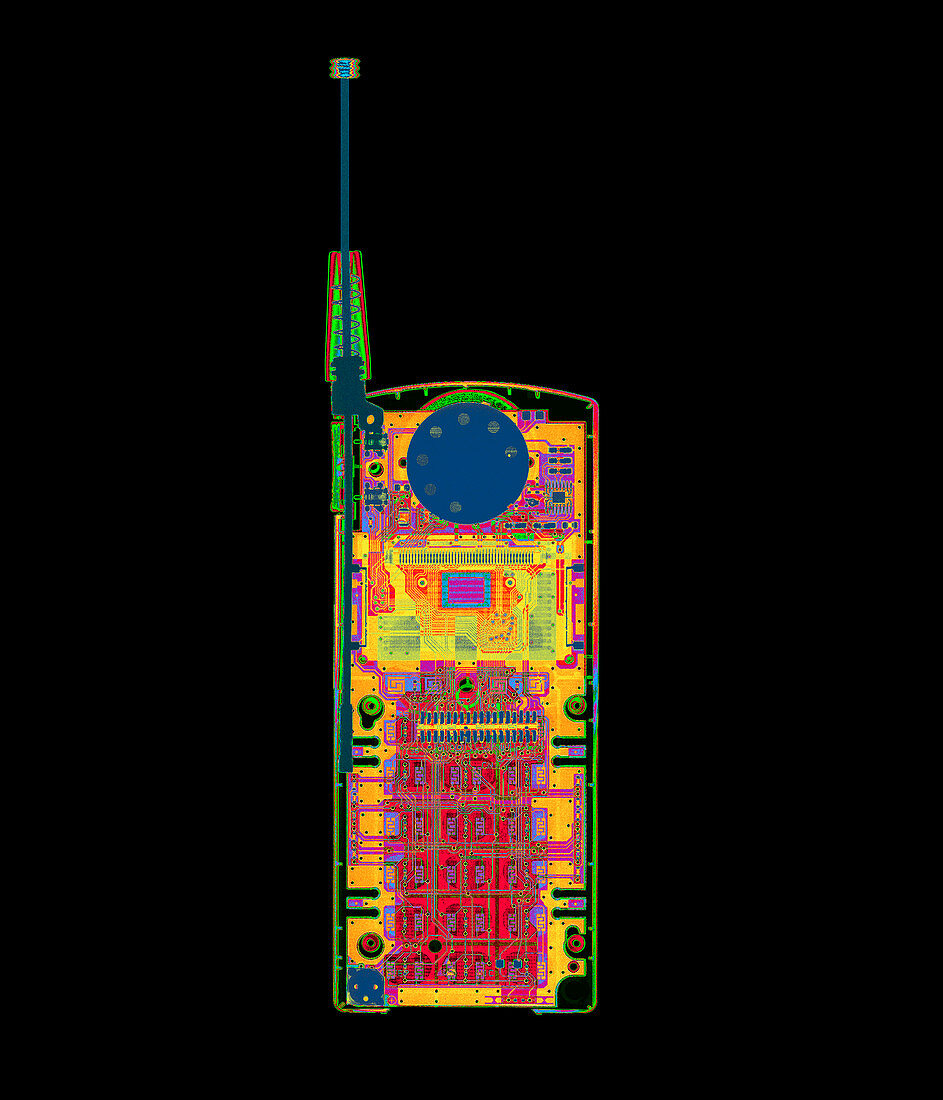 Coloured X-ray of a mobile telephone