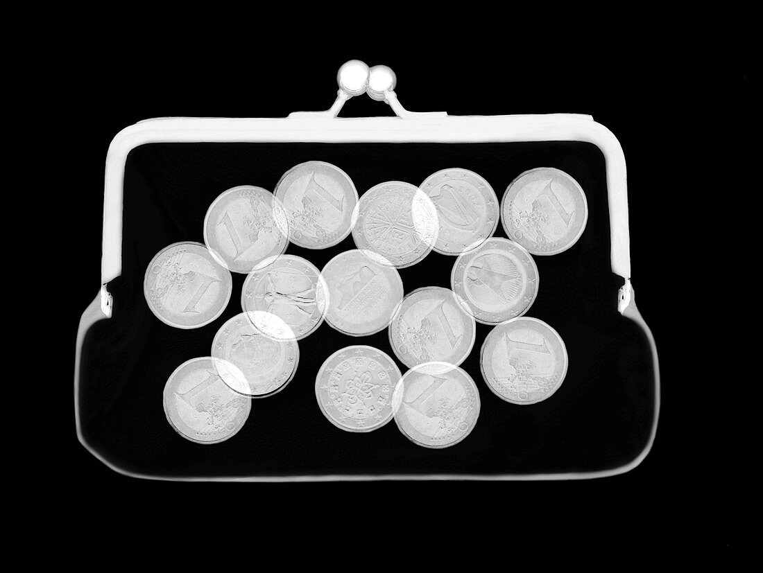 Euro coins in purse,X-ray