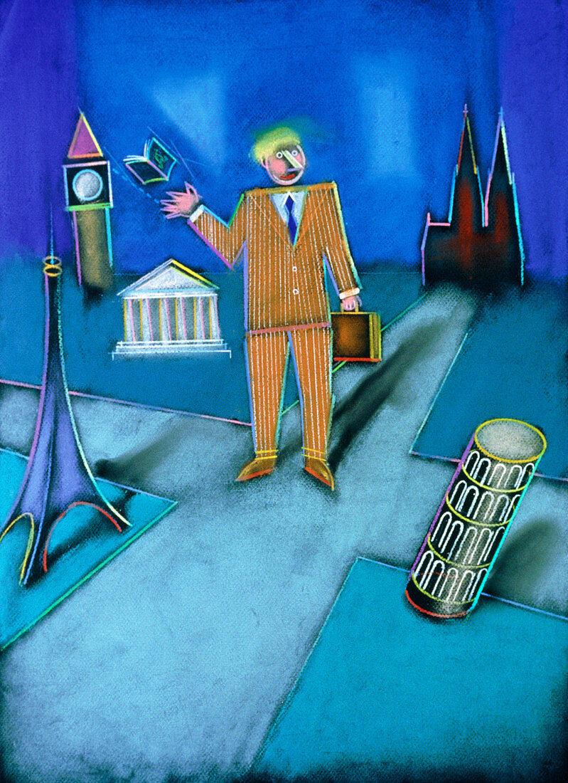 Abstract artwork of a businessman in Europe