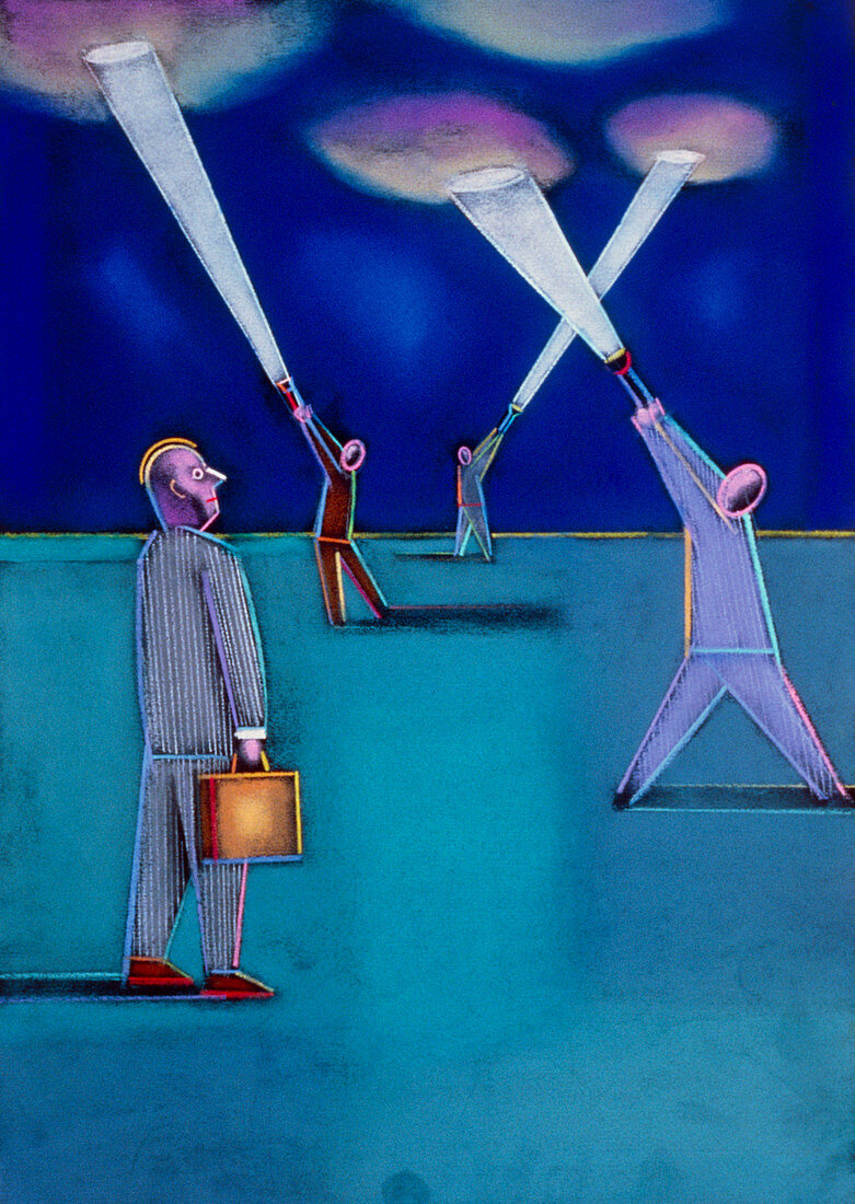 Abstract artwork of businessmen looking for ideas