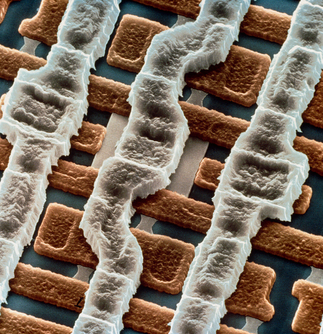 False-col SEM of surface of integrated circuit