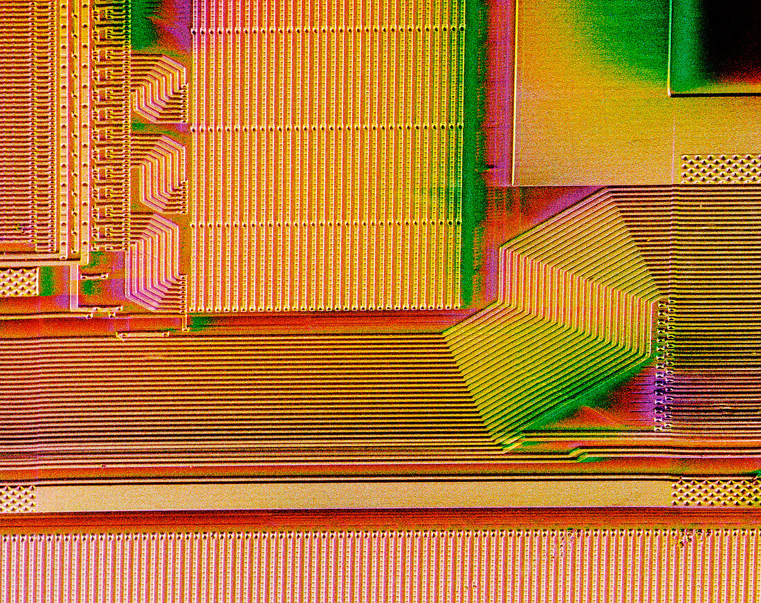 Coloured SEM of an integrated silicon chip