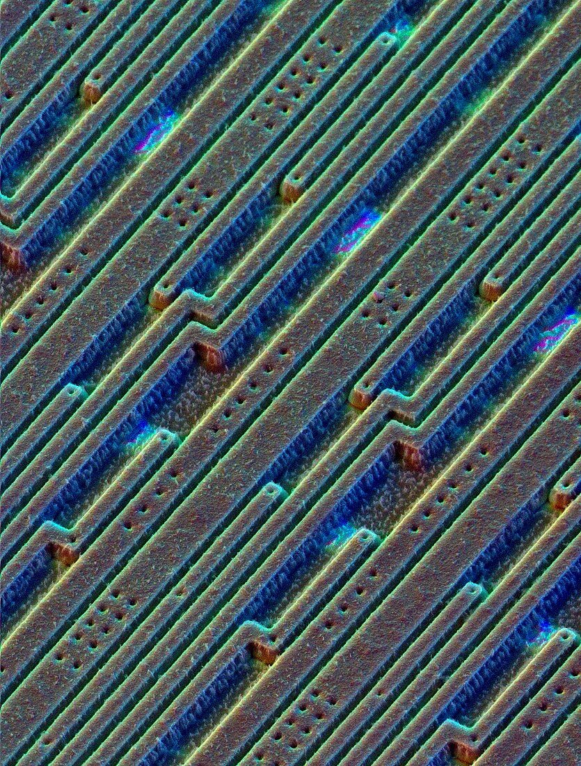 Coloured SEM surface of an integrated silicon chip