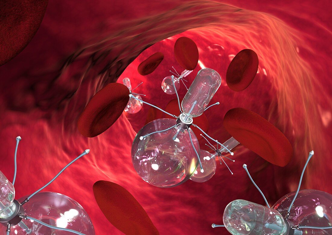 Nanorobots in a blood vessel,artwork