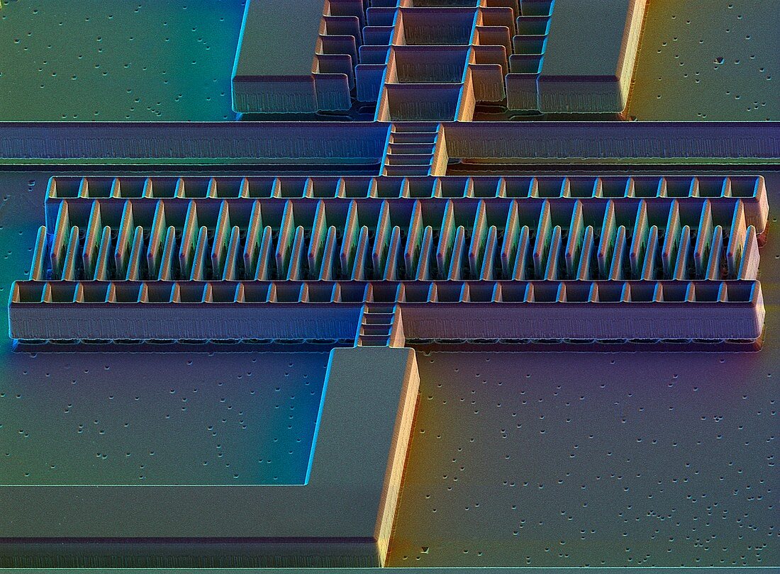 Coloured SEM of a micromechanical accelerometer