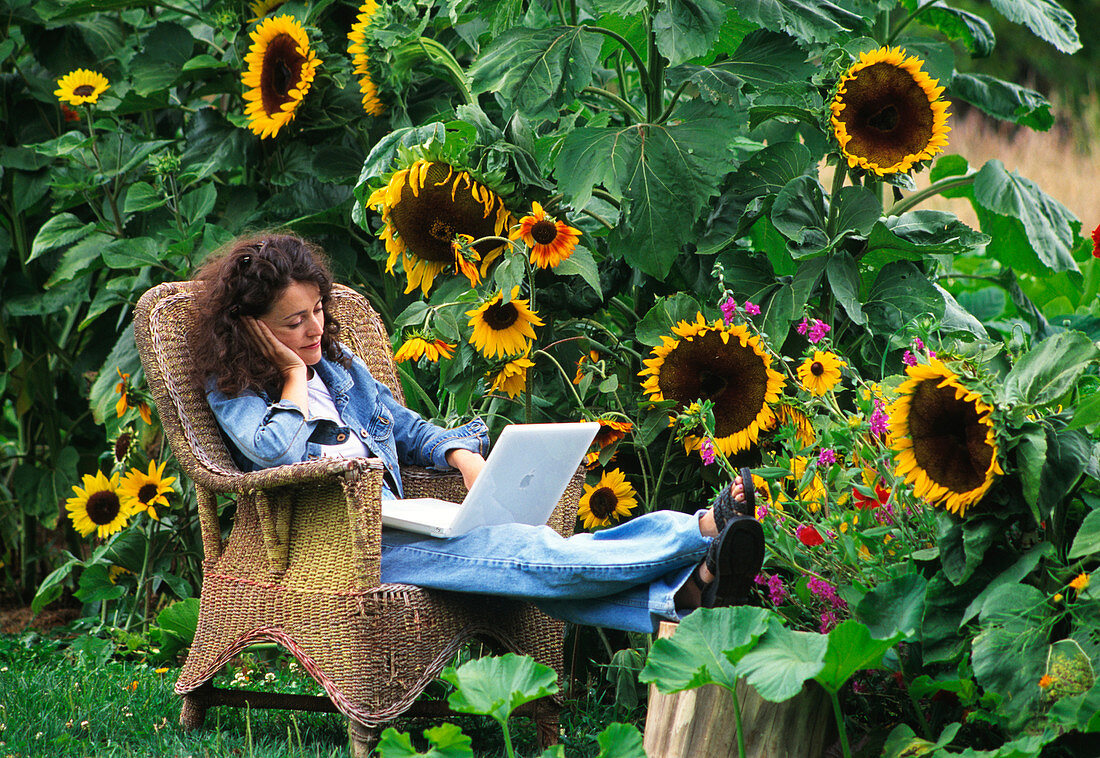 Woman uses laptop outdoors