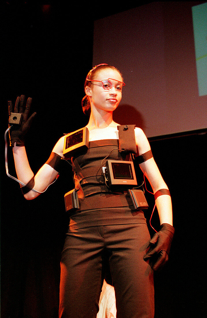 Fashion model wears computerised clothing