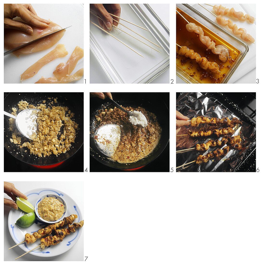 Preparing meat kebabs with peanut sauce