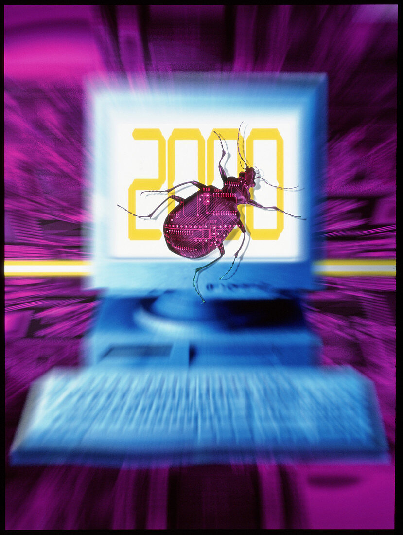 Artwork of millennium bug with beetle on computer