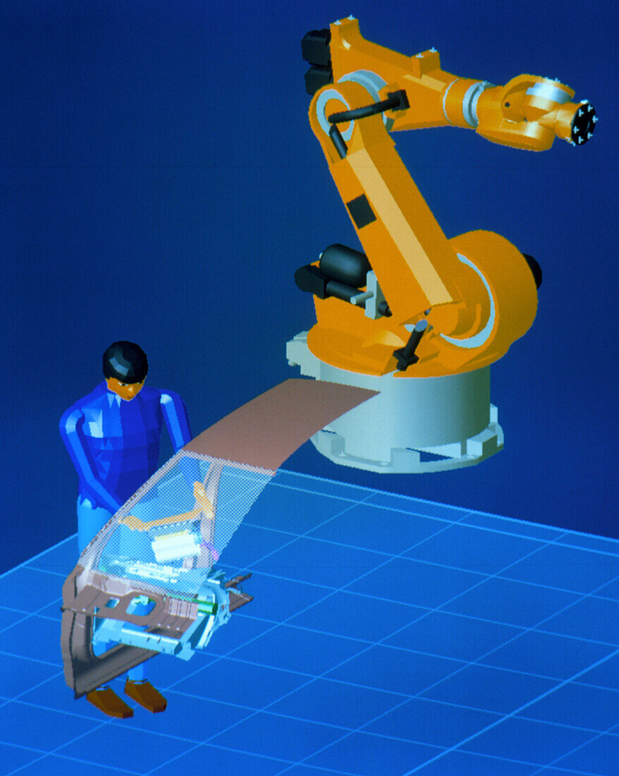 Virtual car factory worker adding dashboard piece