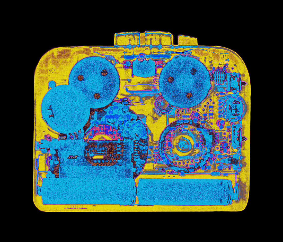 Coloured X-ray of a walkman cassette player
