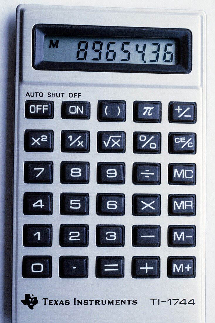 Pocket calculator showing LCD panel & keypad