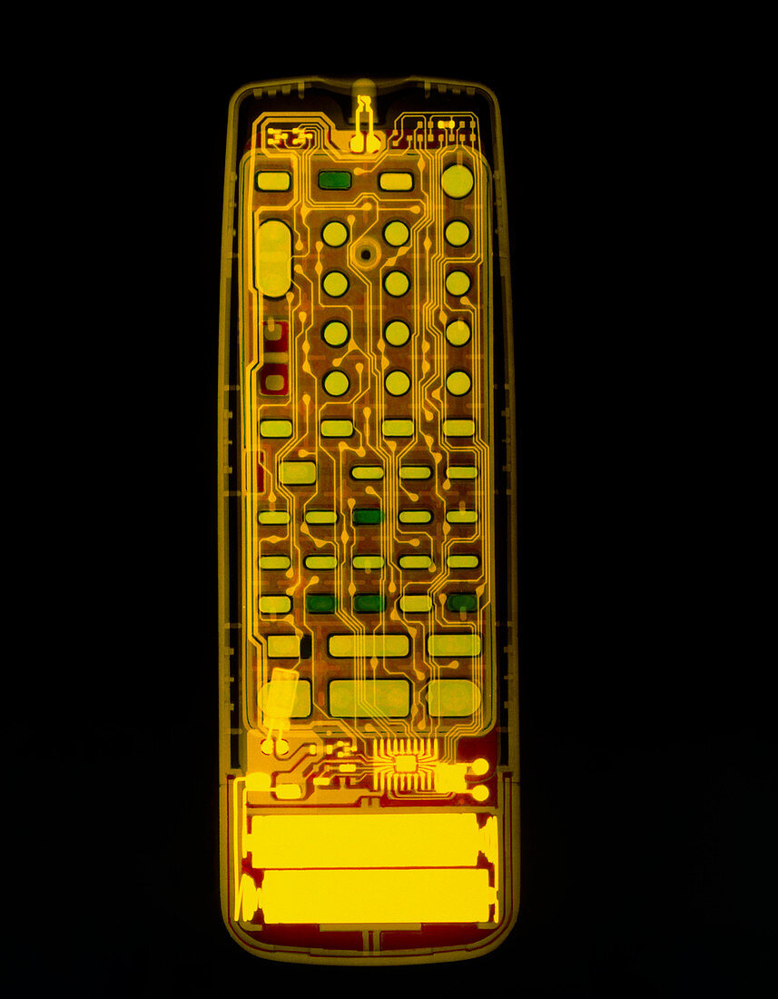 Coloured X-ray of a TV and video remote control