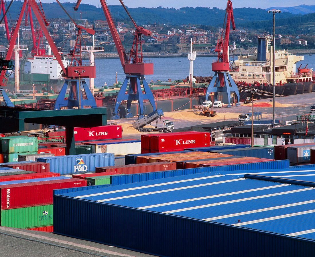 Docks at a container port with containers & cranes