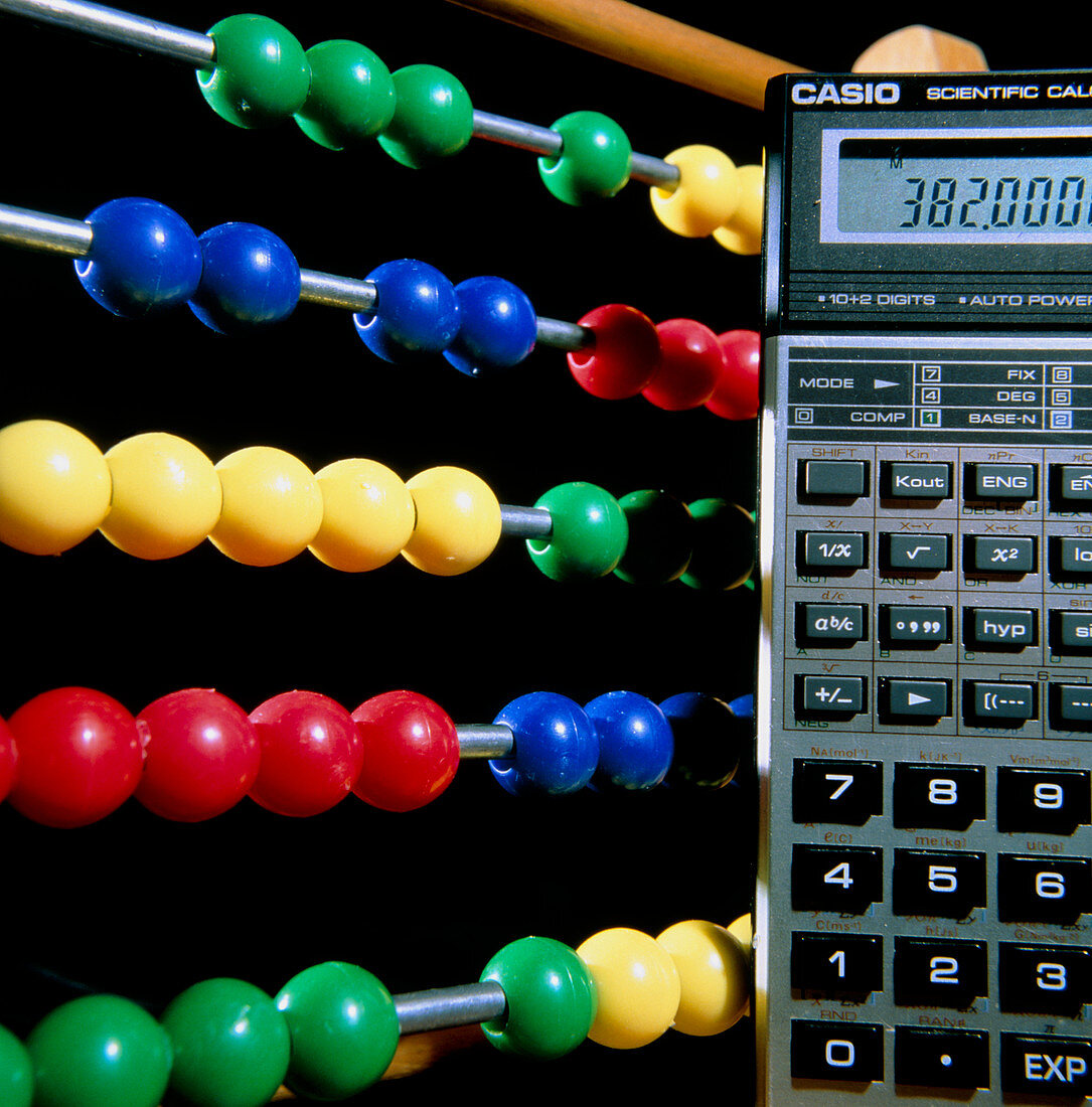 A modern pocket calculator and a chinese abacus