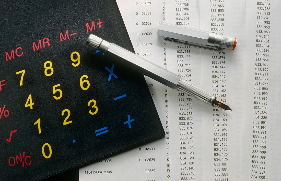 Calculator,pen and unprocessed statistical data