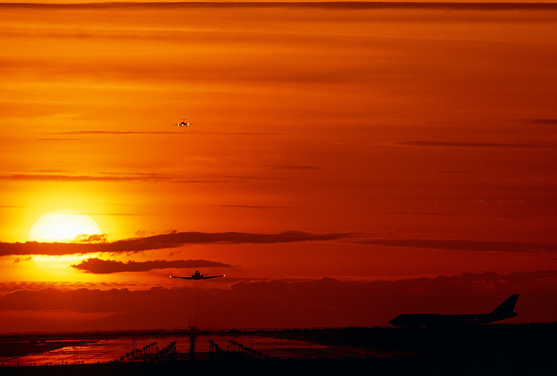 Air traffic at Vancouver Airport,sunset