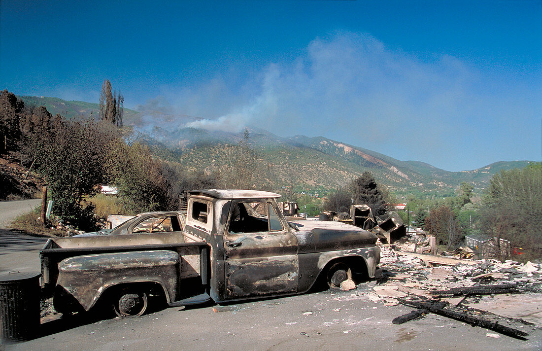 Burned cars and buildings