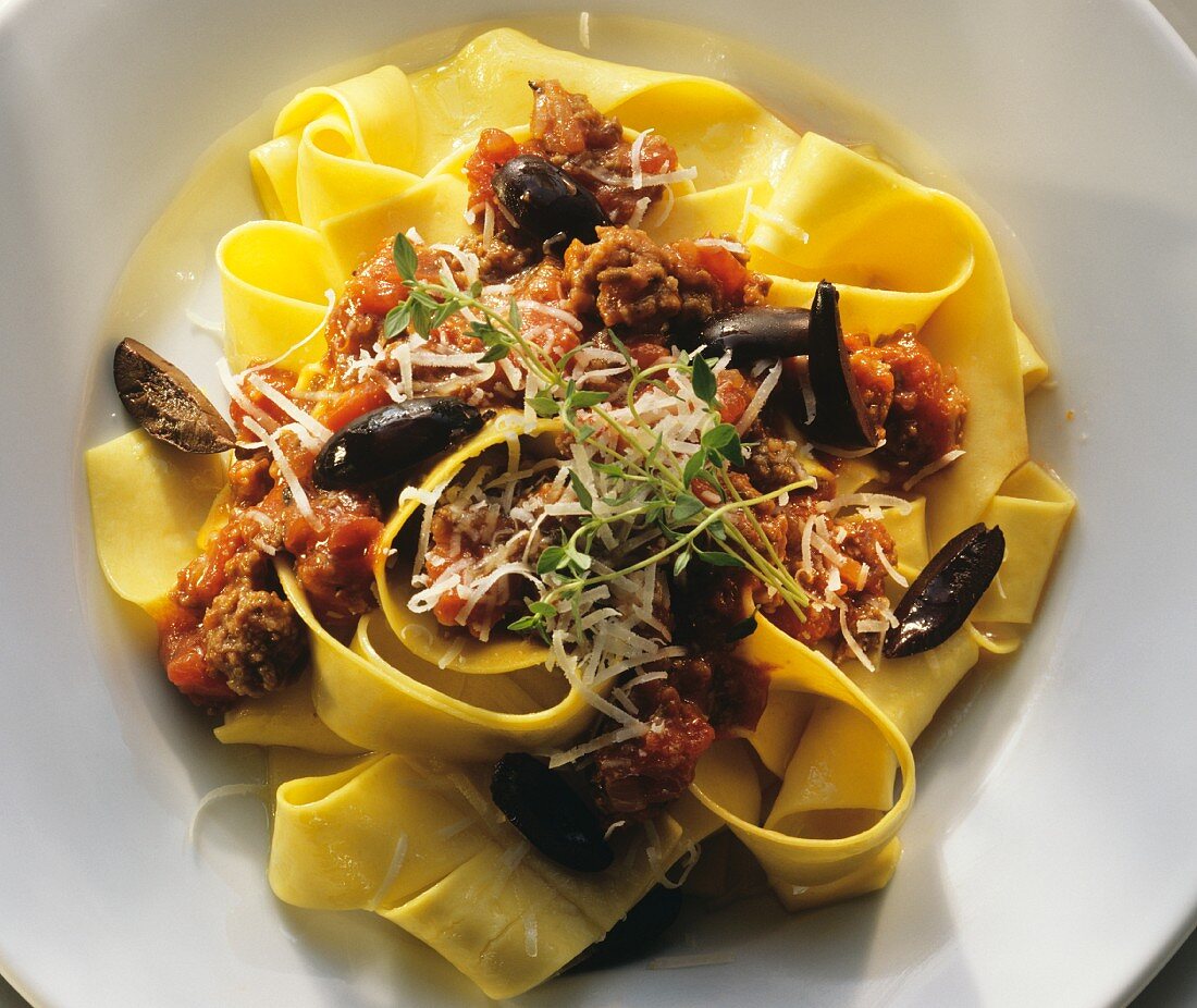 Pappardelle (broad ribbon noodles) with lamb bolognese