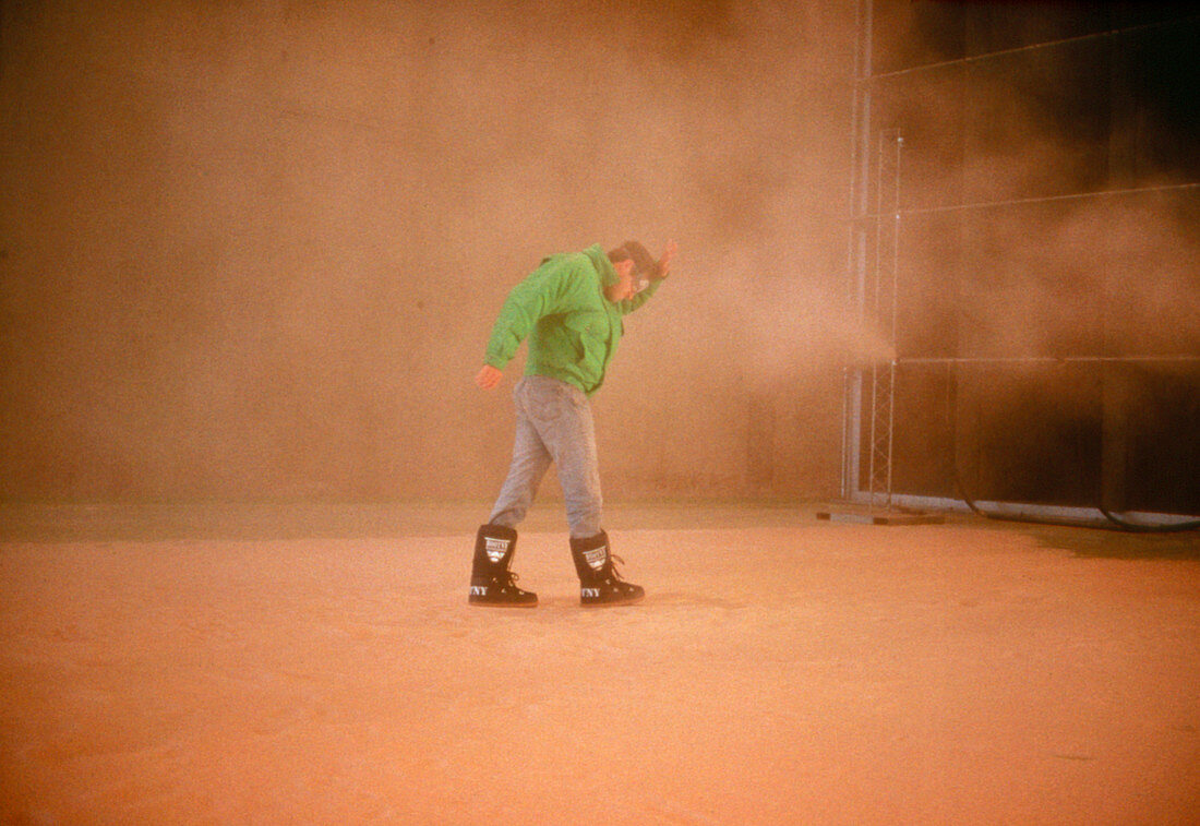 Wind tunnel test of man's clothing in a sandstorm