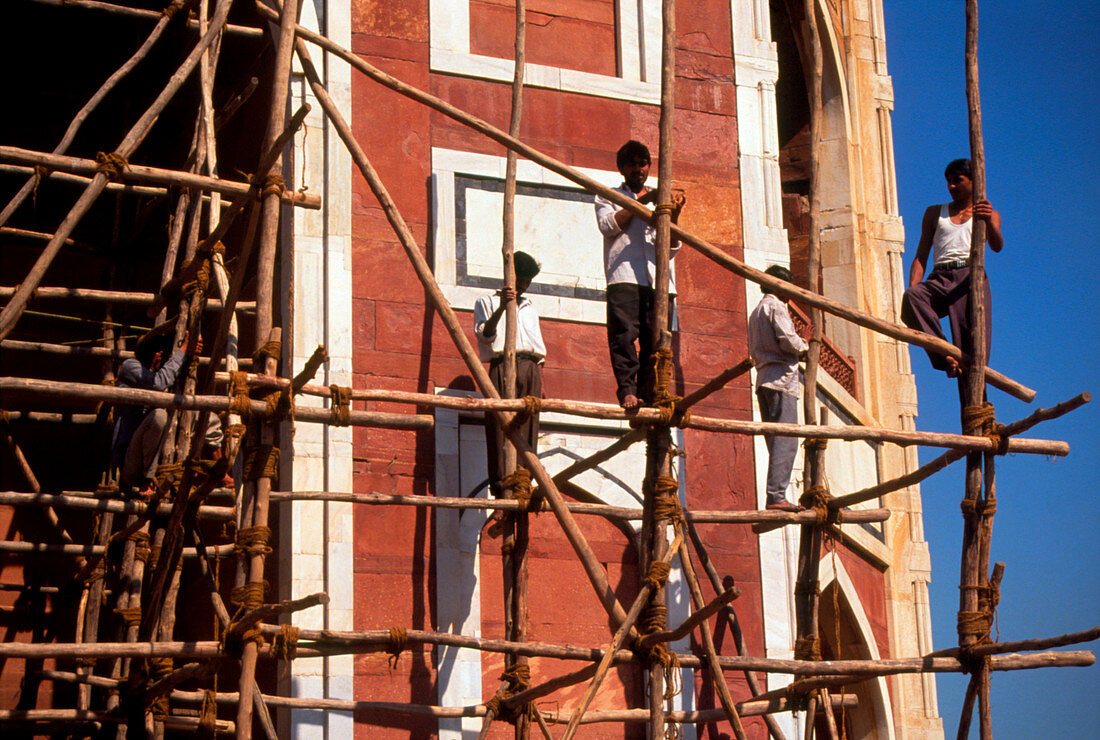 Wooden scaffolding on a building in India
