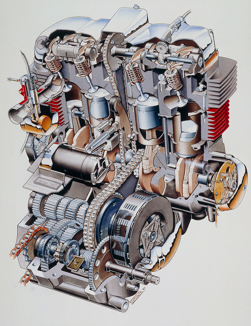 Cutaway illustration of Honda K2 motorbike engine