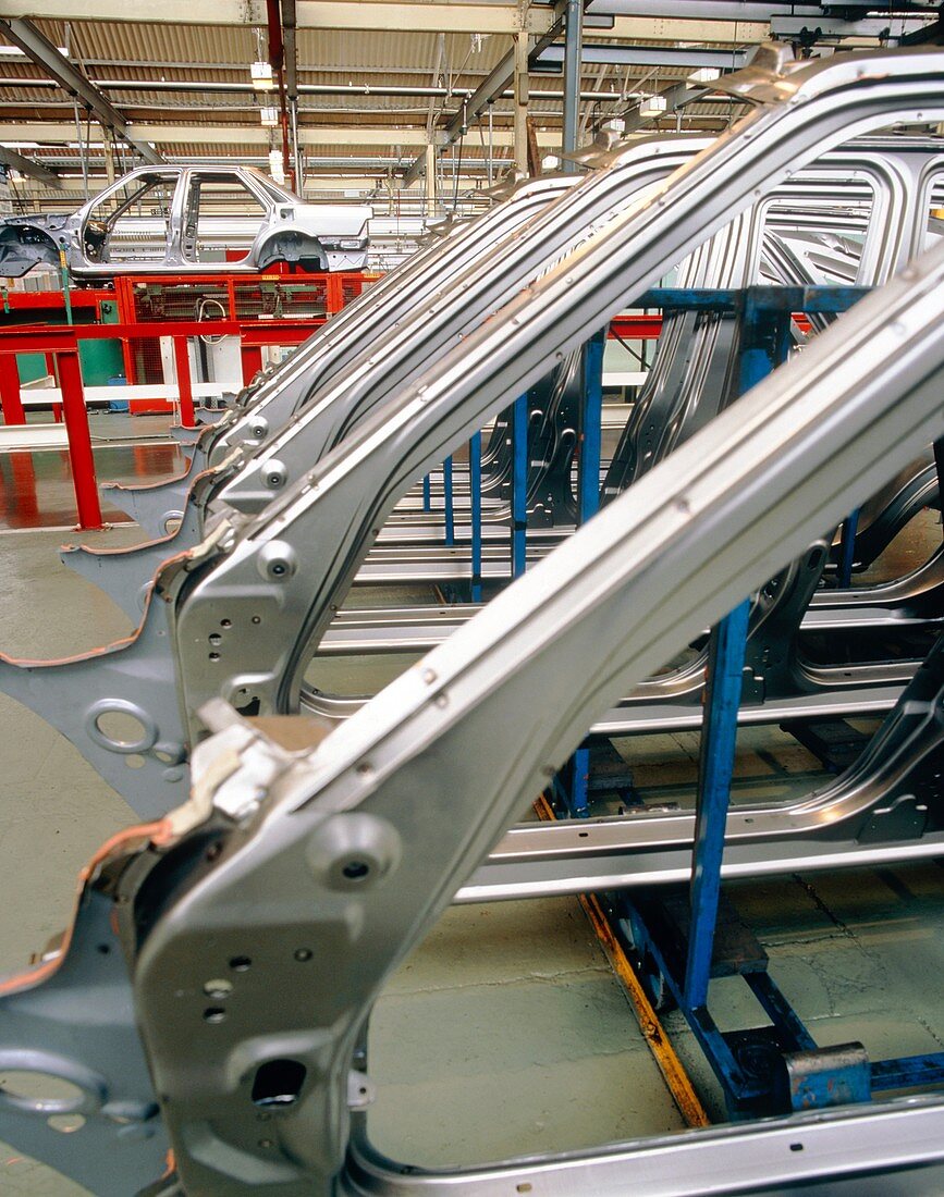 Line of car side-panels at an assembly line
