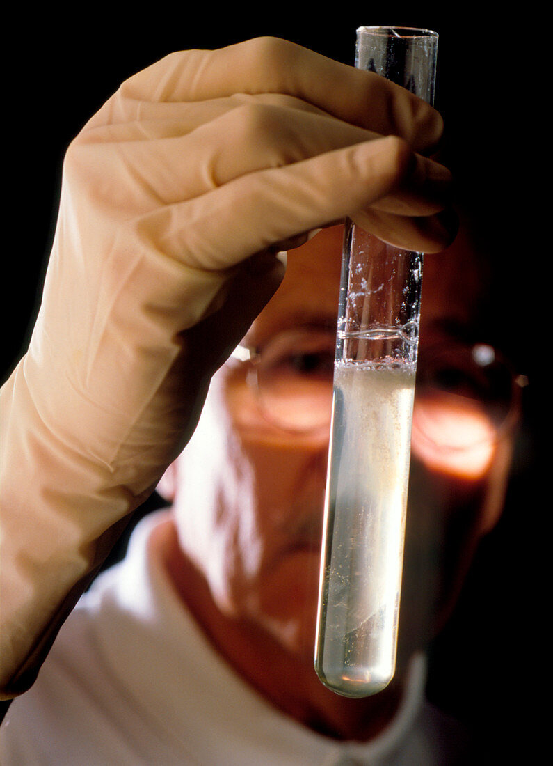 Researcher holding a test tube in a chemistry lab