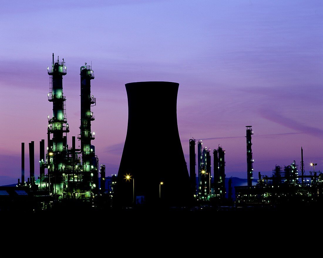 Night time view of a BP petrochemical plant