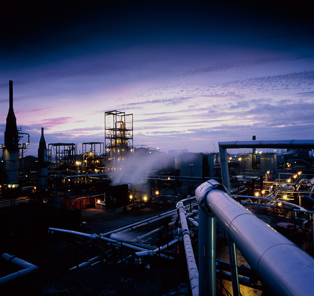 Coal tar chemical works at twilight