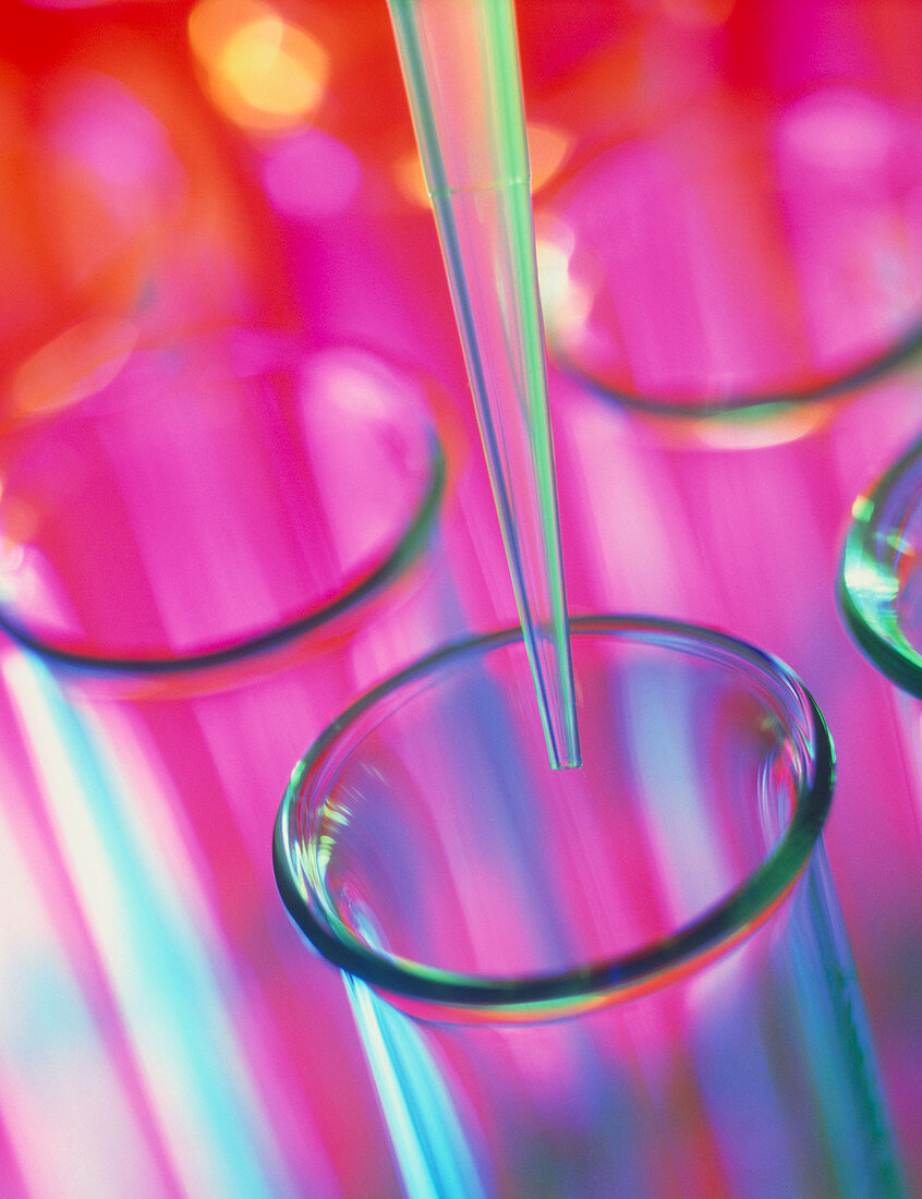 Tip of a pipettor (pipette) above a test tube