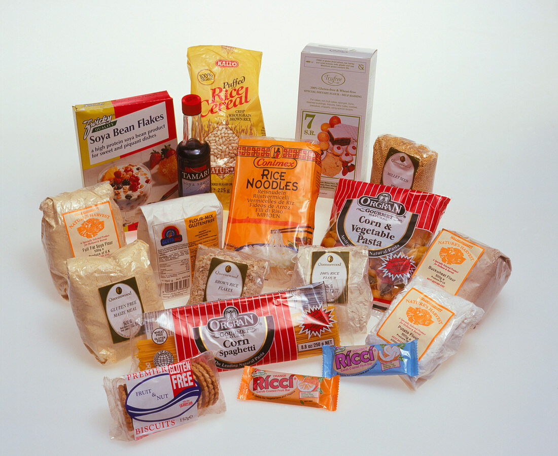 A selection of packaged gluten-free foods