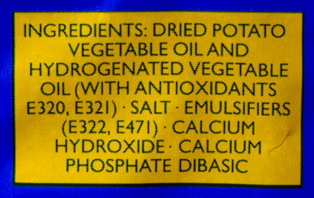 Ingredients label of potato crisps