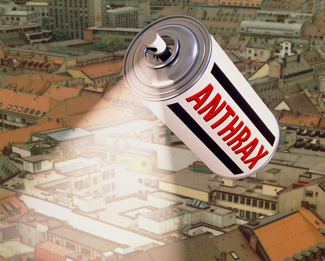 Computer artwork of anthrax spray can over a city