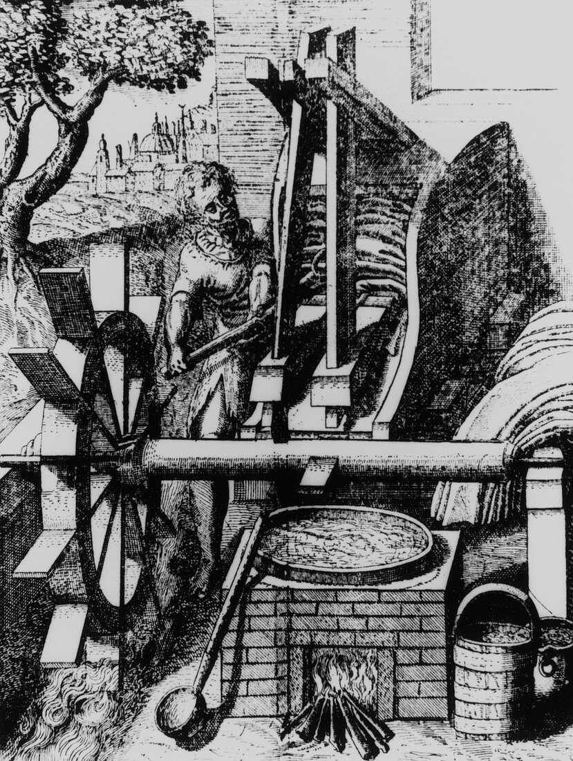 Water wheel powering a machine for making cloth