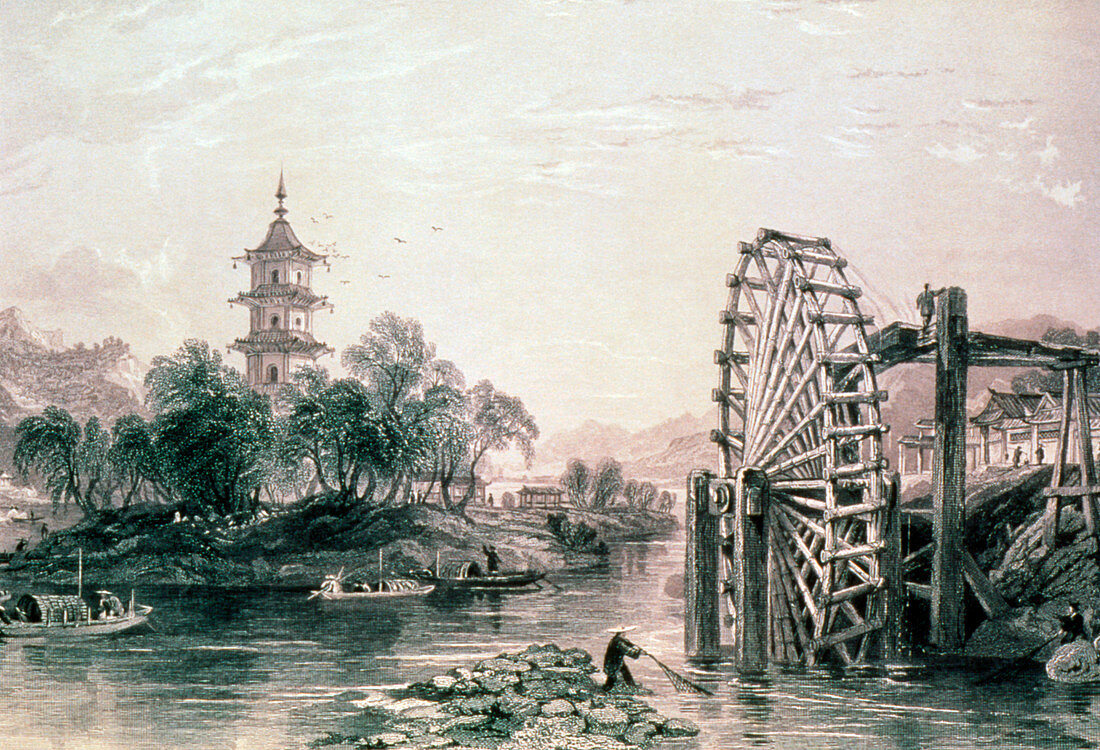 Engraving of Chinese bamboo water wheel