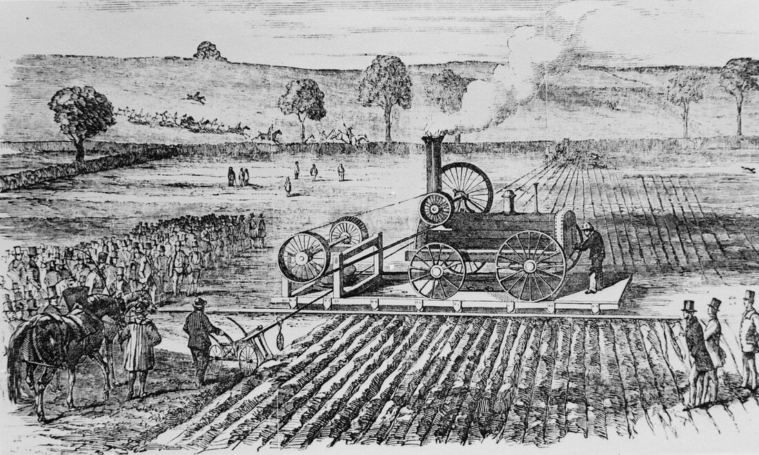 Illustration of steam engine powering a plough