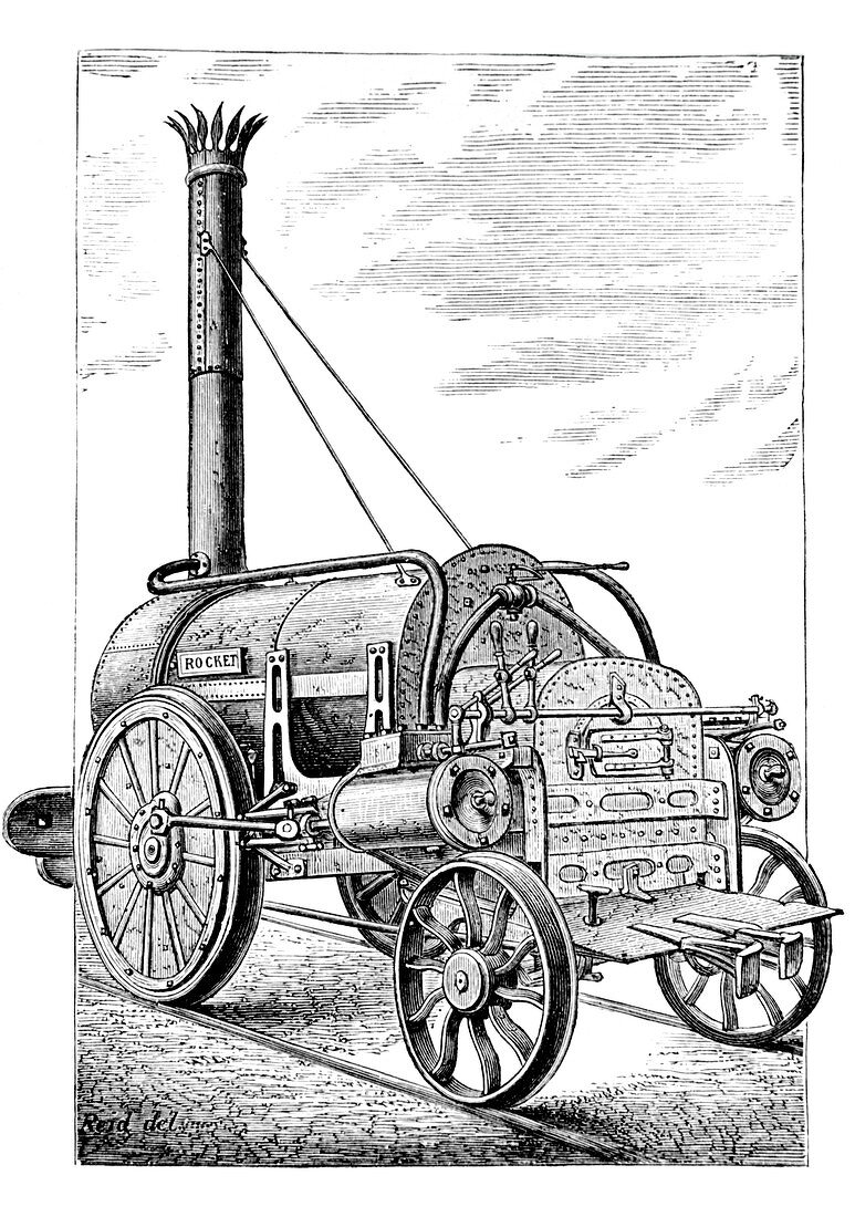 Engraving of the Rocket steam locomotive