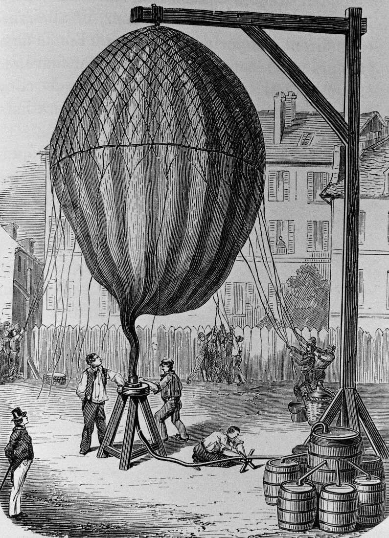 Filling of a hydrogen balloon,engraving