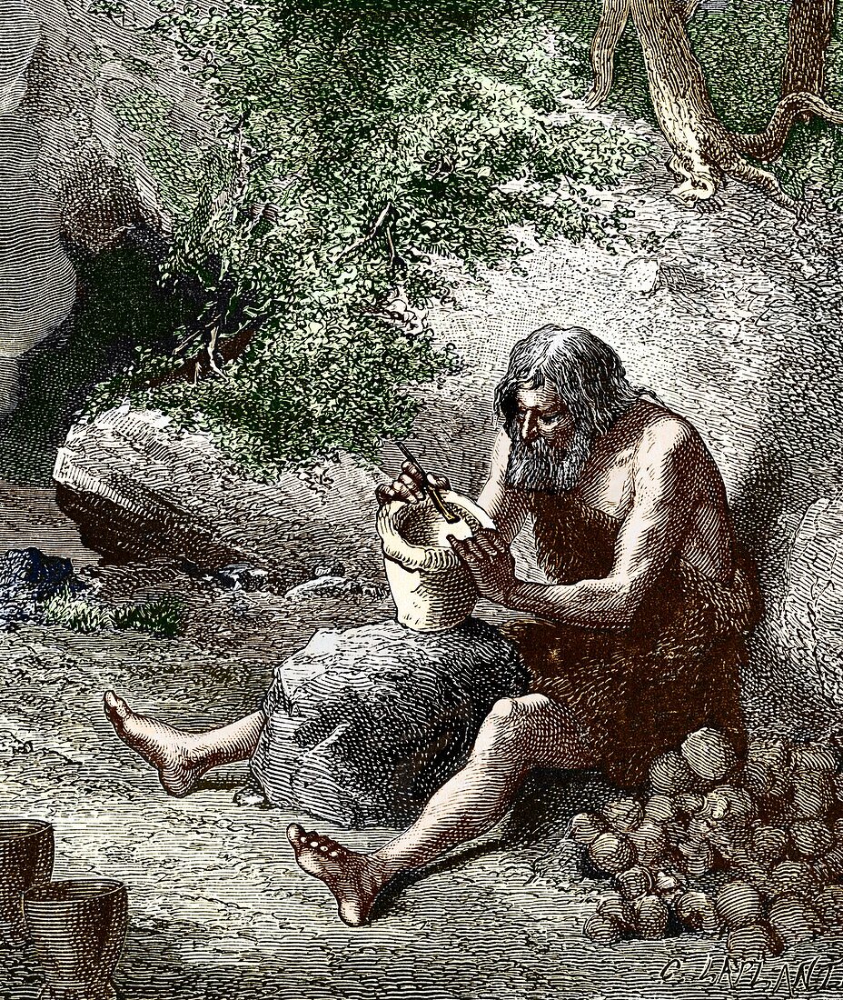 Early human making pottery