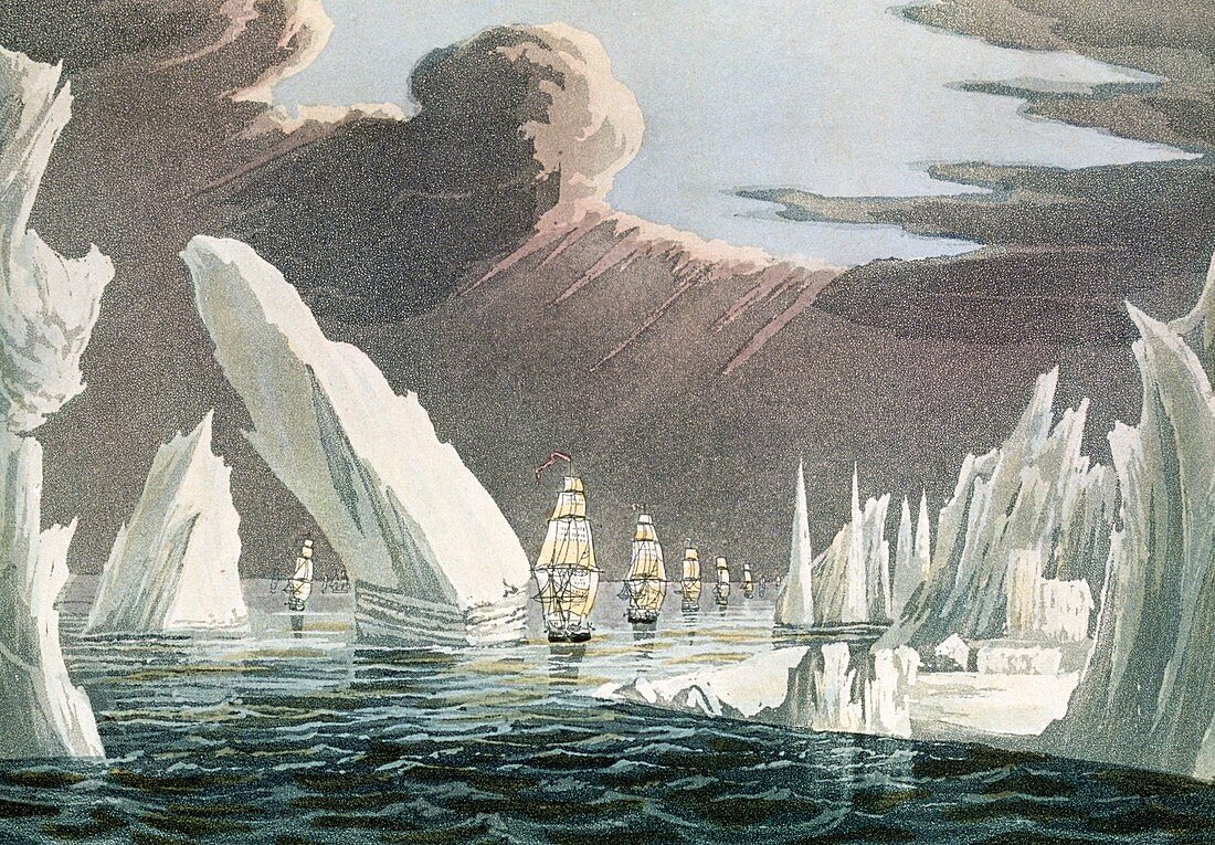 Line of ships sailing through a passage in the ice