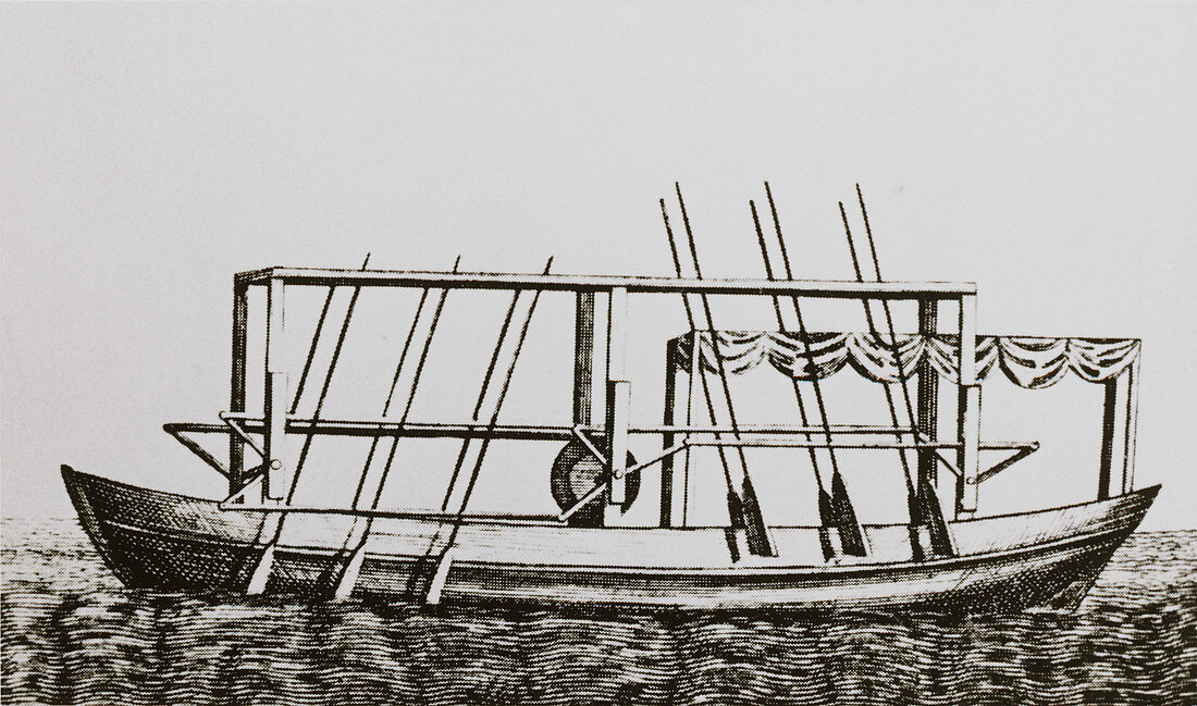 Engraving of John Fitch's steam boat of 1787